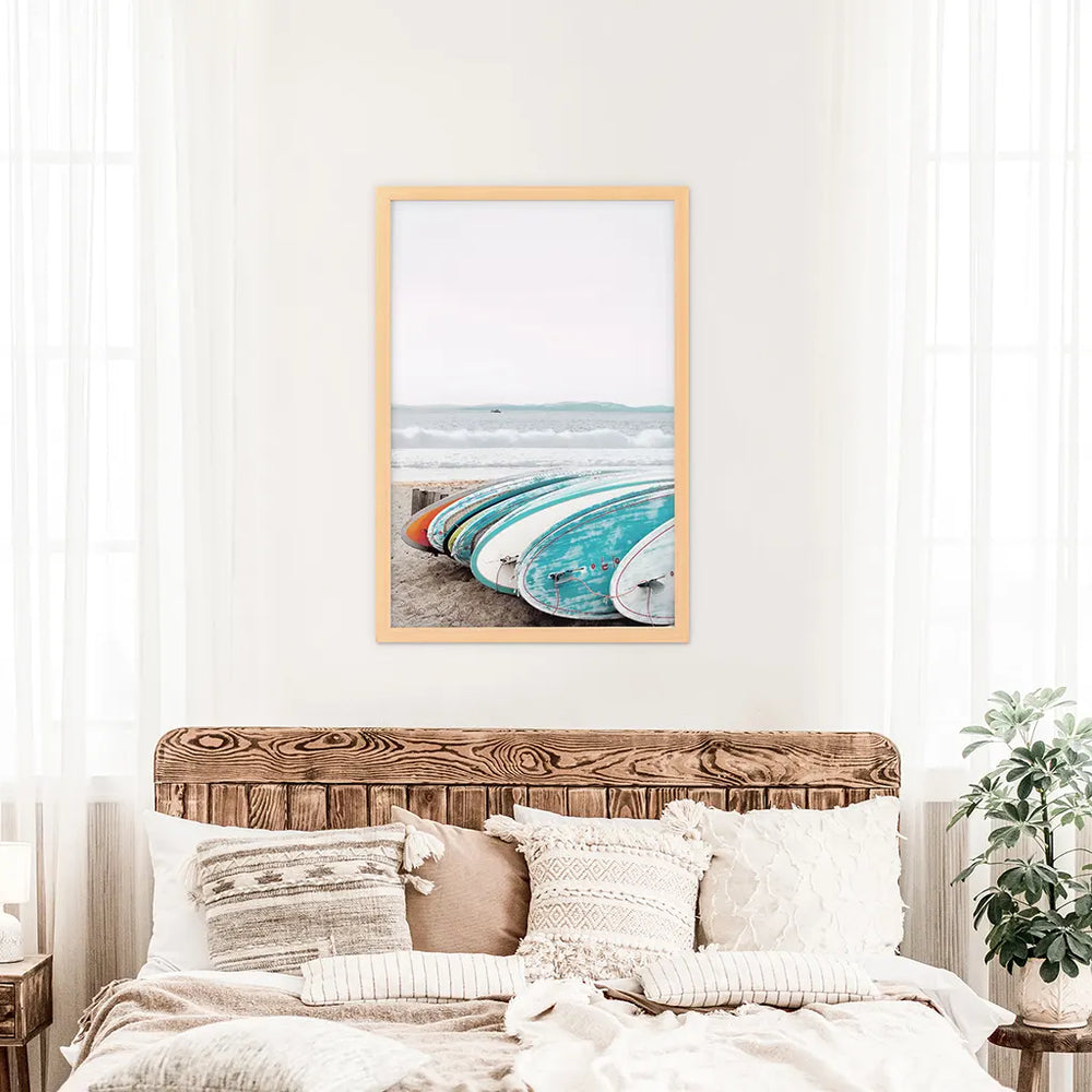 Colored Surfboards on The Beach. Ocean Surfing Print