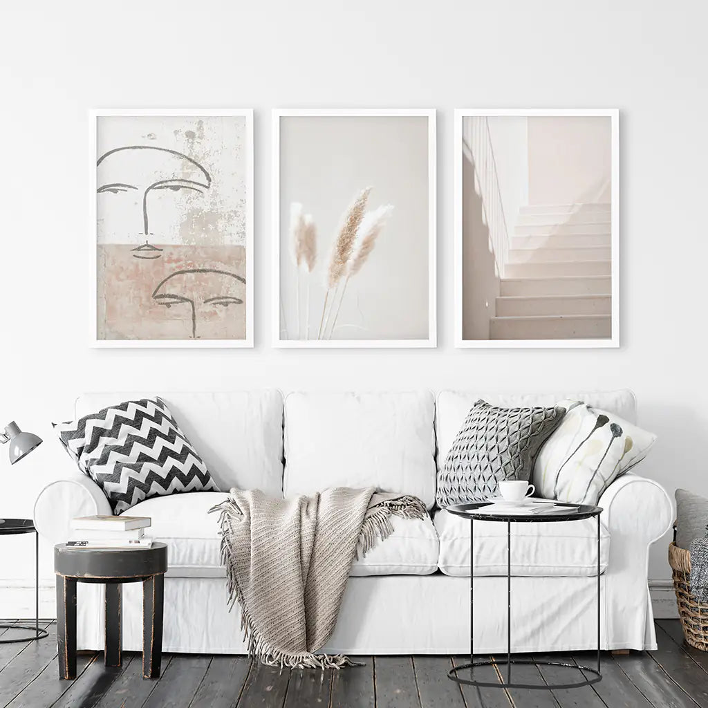 Boho Minimalist Wall Art Set. Abstract Faces, Grass, Stairs