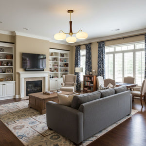 Persimmon Glass Chandelier with Brass Arms | Wood Accent Ceiling Pendant Light