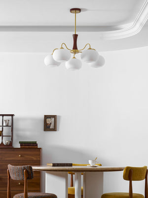 Persimmon Glass Chandelier with Brass Arms | Wood Accent Ceiling Pendant Light