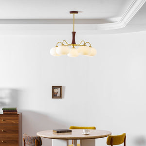 Persimmon Glass Chandelier with Brass Arms | Wood Accent Ceiling Pendant Light