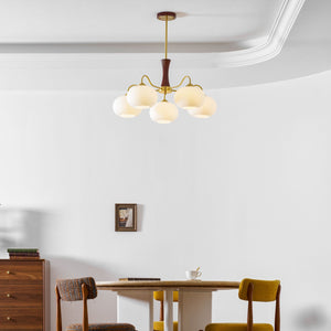 Persimmon Glass Chandelier with Brass Arms | Wood Accent Ceiling Pendant Light