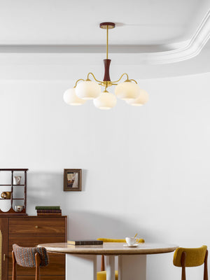 Persimmon Glass Chandelier with Brass Arms | Wood Accent Ceiling Pendant Light