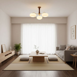 Persimmon Glass Chandelier with Brass Arms | Wood Accent Ceiling Pendant Light