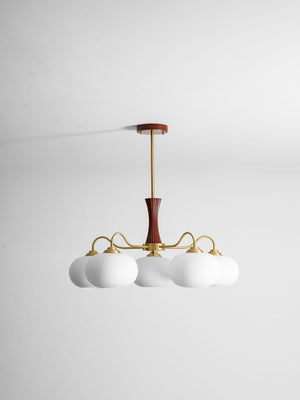 Persimmon Glass Chandelier with Brass Arms | Wood Accent Ceiling Pendant Light