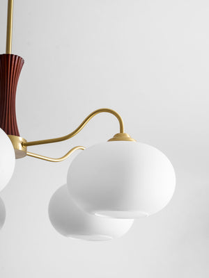 Persimmon Glass Chandelier with Brass Arms | Wood Accent Ceiling Pendant Light