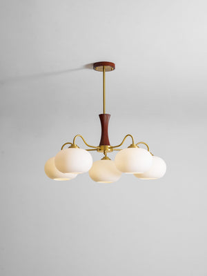 Persimmon Glass Chandelier with Brass Arms | Wood Accent Ceiling Pendant Light