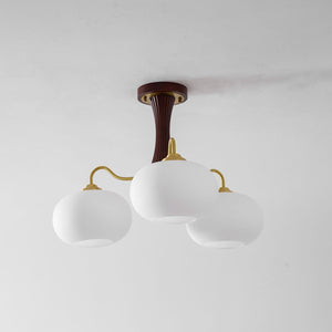 Persimmon Glass Chandelier with Brass Arms | Wood Accent Ceiling Pendant Light