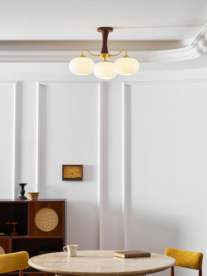 Persimmon Glass Chandelier with Brass Arms | Wood Accent Ceiling Pendant Light