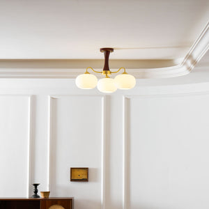 Persimmon Glass Chandelier with Brass Arms | Wood Accent Ceiling Pendant Light