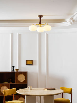 Persimmon Glass Chandelier with Brass Arms | Wood Accent Ceiling Pendant Light