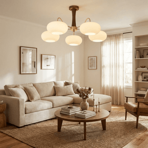 Persimmon Glass Chandelier with Brass Arms | Wood Accent Ceiling Pendant Light