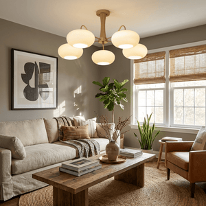Persimmon Glass Chandelier with Brass Arms | Wood Accent Ceiling Pendant Light