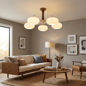 Persimmon Glass Chandelier with Brass Arms | Wood Accent Ceiling Pendant Light