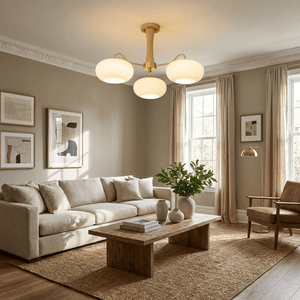 Persimmon Glass Chandelier with Brass Arms | Wood Accent Ceiling Pendant Light