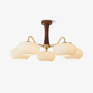 Persimmon Glass Chandelier with Brass Arms | Wood Accent Ceiling Pendant Light