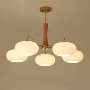 Persimmon Glass Chandelier with Brass Arms | Wood Accent Ceiling Pendant Light