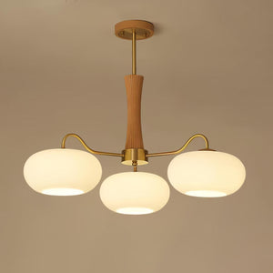 Persimmon Glass Chandelier with Brass Arms | Wood Accent Ceiling Pendant Light
