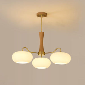 Persimmon Glass Chandelier with Brass Arms | Wood Accent Ceiling Pendant Light