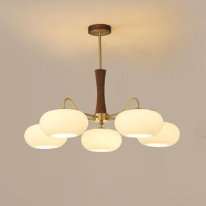 Persimmon Glass Chandelier with Brass Arms | Wood Accent Ceiling Pendant Light