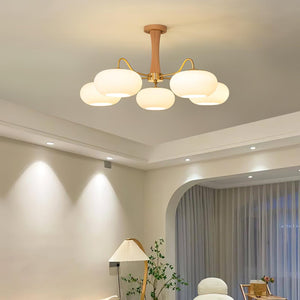 Persimmon Glass Chandelier with Brass Arms | Wood Accent Ceiling Pendant Light