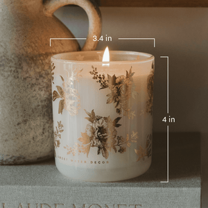 Gold Floral Soy Candle - White Translucent Tinted Glass Jar - 12 oz (Fresh Apple Blossom)