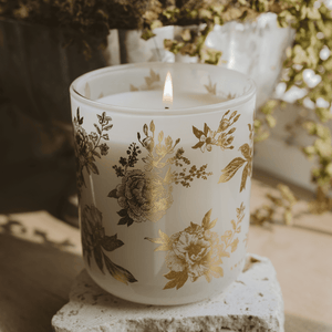 Gold Floral Soy Candle - White Translucent Tinted Glass Jar - 12 oz (Fresh Apple Blossom)