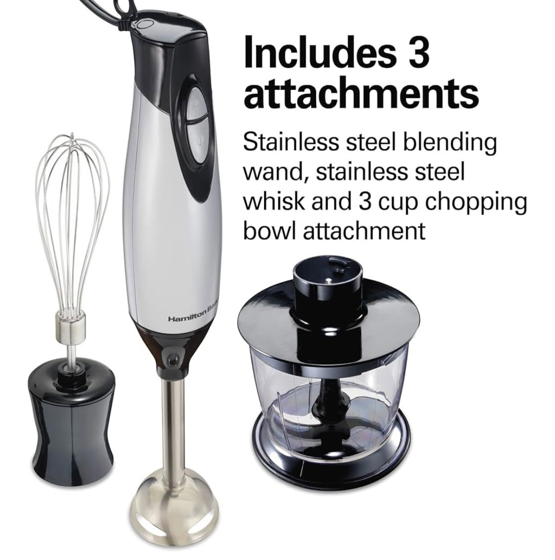 Hamilton Beach 4-in-1 Electric Immersion Hand Blender with Handheld Blending Stick, Whisk + 3-Cup Food & Vegetable Chopper Bowl, 2-Speeds, 225 Watts, Silver and Stainless Steel
