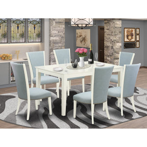 EAST WEST FURNITURE - CAVE7-LWH-15 - 7 Piece Dining Room Set - 6 Baby Blue Linen Fabric Dining Padded Chairs with High Back and 1 Kitchen Dining Table - linen white Finish