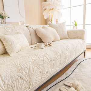Embossed Leaf Cotton Quilted Sofa Cover Non-Slip Couch Protector with Thick Padding