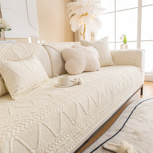 Geometric Textured Cotton Quilted Sofa Cover, Non-Slip Washable Couch Protector