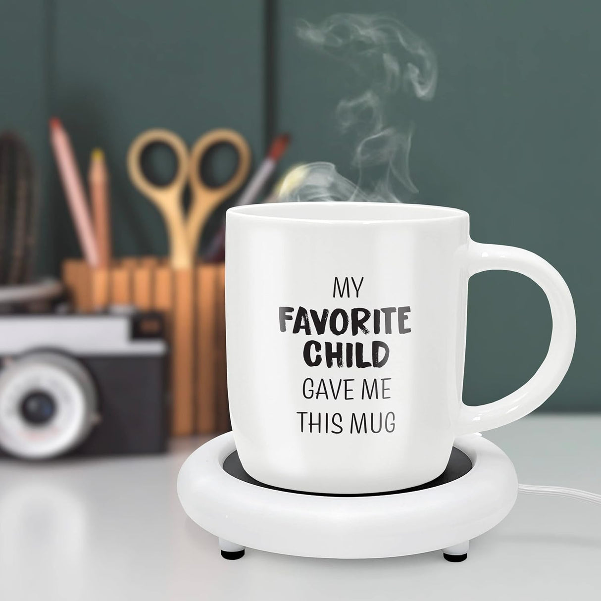 Coffee Mug with Electric Warmer, Gift for Mom or Dad with Heated Base - Great for Coffee Lover Parent, Birthday, Christmas, My Favorite Child Gave Me This Mug (12oz) Gift Boxed