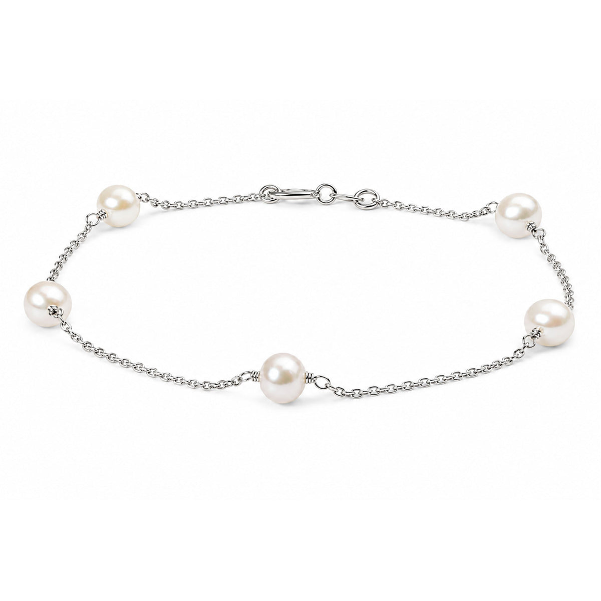 14K White Gold Cultured White Freshwater Pearl Station Bracelet
