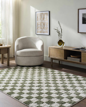Canika Green Checkered Washable Plush Rug