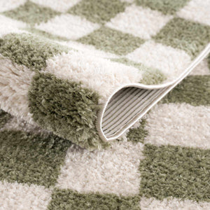 Canika Green Checkered Washable Plush Rug