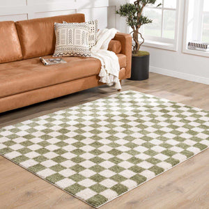 Canika Green Checkered Washable Plush Rug