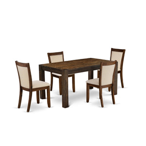 EAST WEST FURNITURE - CNMZ5-N7-32 - 5-Piece Dinner Table Set - A Mid Century Dining Table and 4 Light Beige Linen Fabric Padded Wood Dining Chairs with Stylish High Back � (Distressed Jacobean Finish)