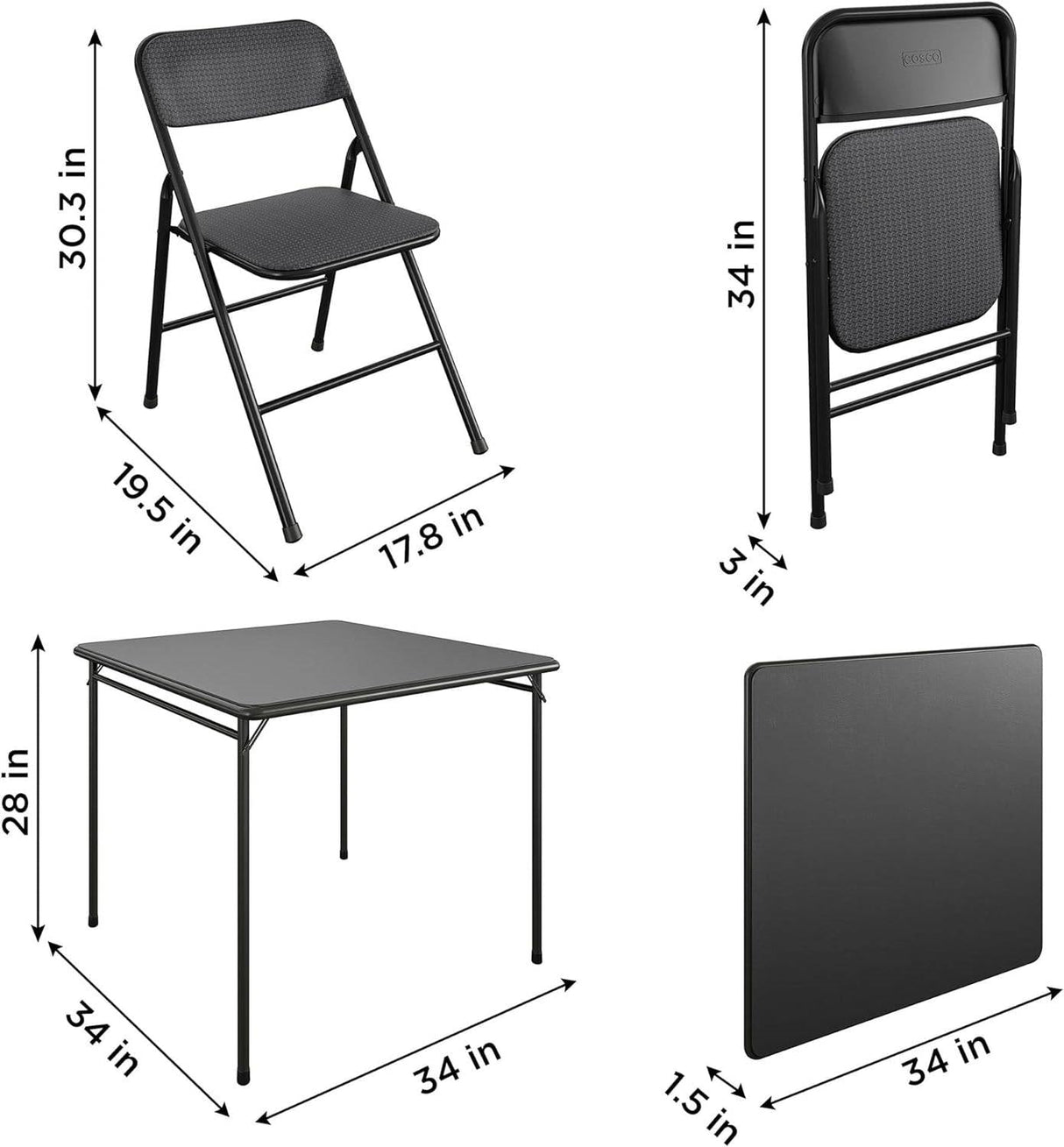 Black 5-Piece Square Folding Dining Table with 4 Chairs Guest Set Card Table