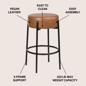 Paola Modern Minimalist Round Backless Metal/Vegan Leather Cushioned Bar Stool