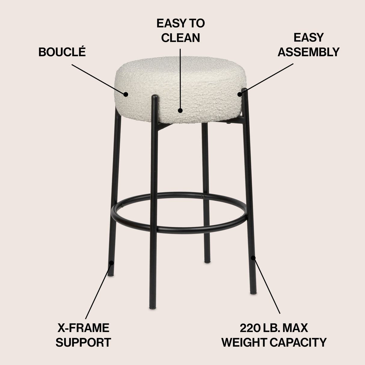 Paola Modern Minimalist Round Backless Metal/Bouclé Cushioned Counter Stool