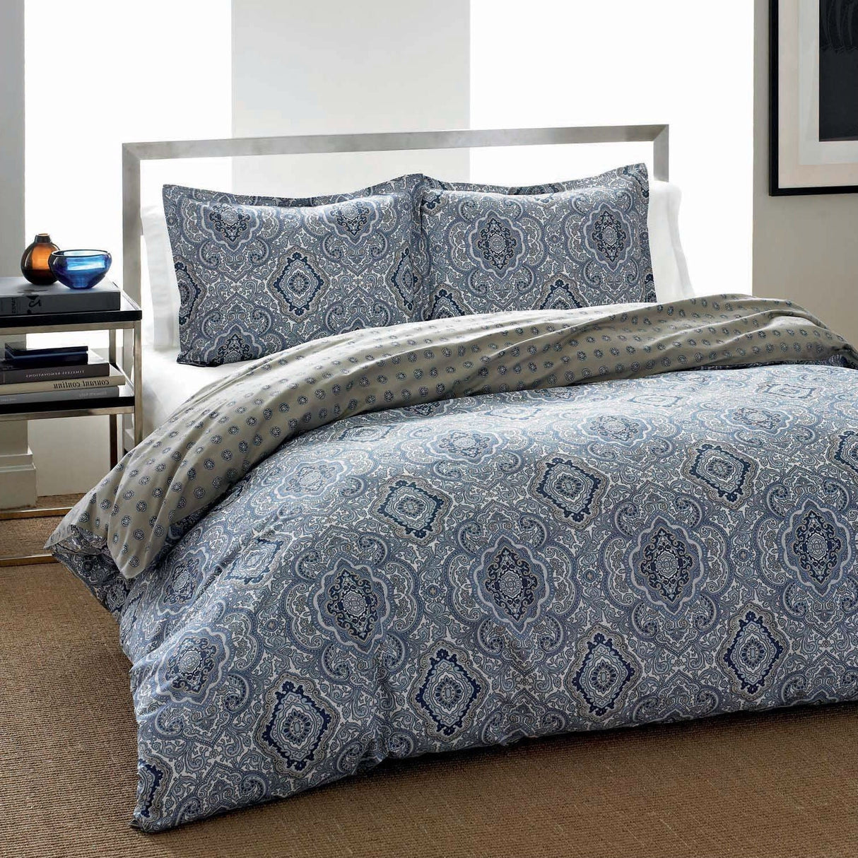 King 3-Piece Cotton Comforter Set with Blue Grey Damask Pattern ...