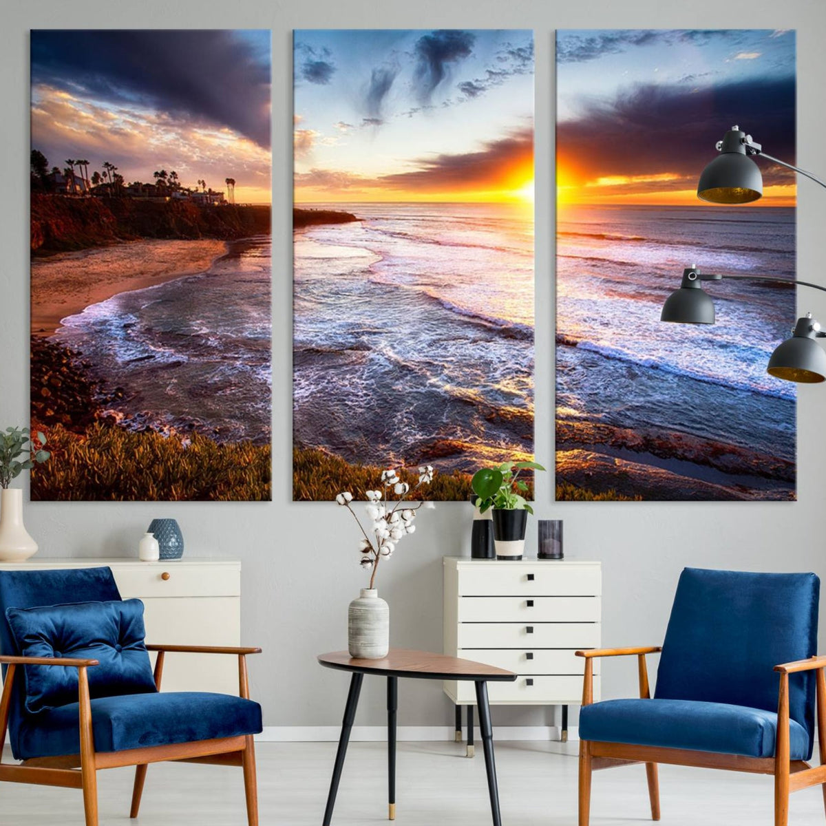 California Coastline Sunset Canvas Art for Beach House Decor