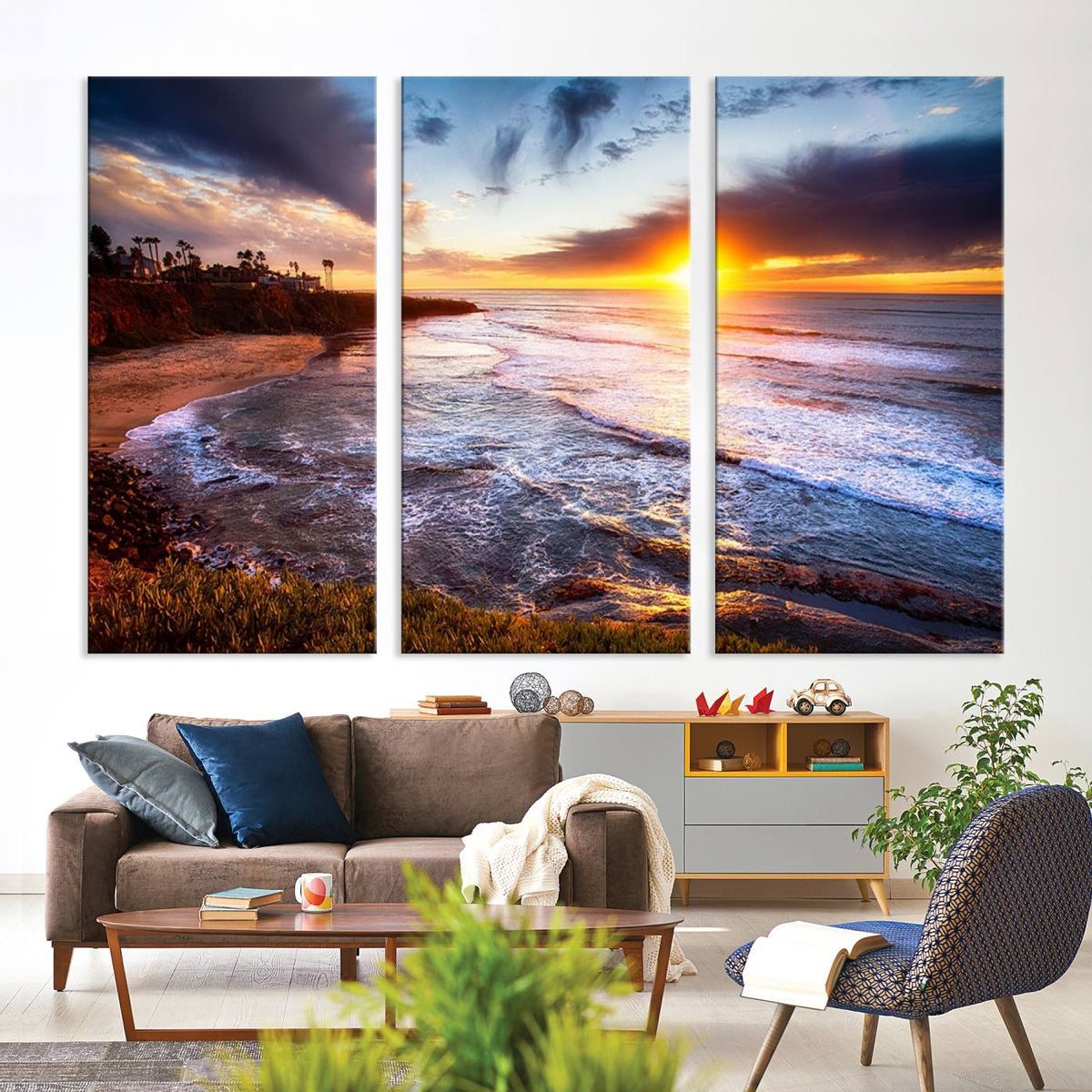 California Coastline Sunset Canvas Art for Beach House Decor