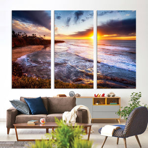California Coastline Sunset Canvas Art for Beach House Decor