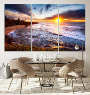 California Coastline Sunset Canvas Art for Beach House Decor