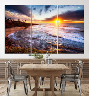 California Coastline Sunset Canvas Art for Beach House Decor