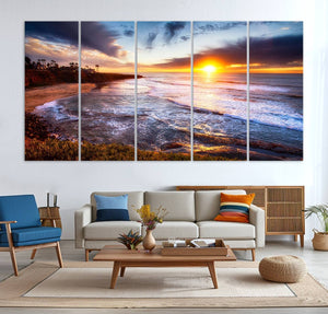 California Coastline Sunset Canvas Art for Beach House Decor