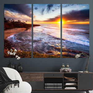 California Coastline Sunset Canvas Art for Beach House Decor