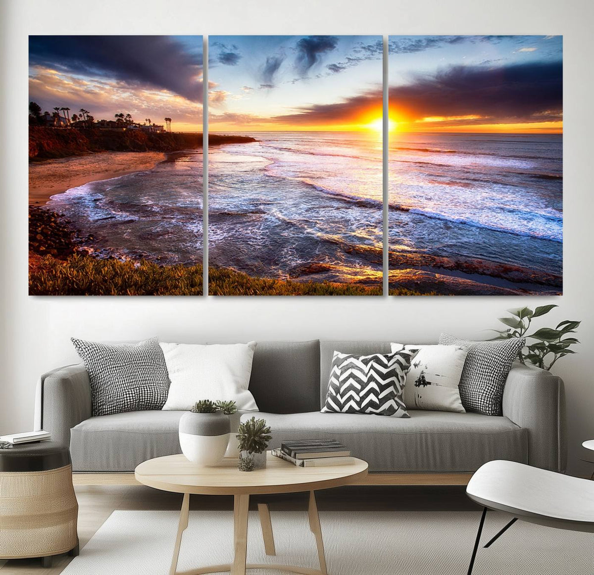 California Coastline Sunset Canvas Art for Beach House Decor