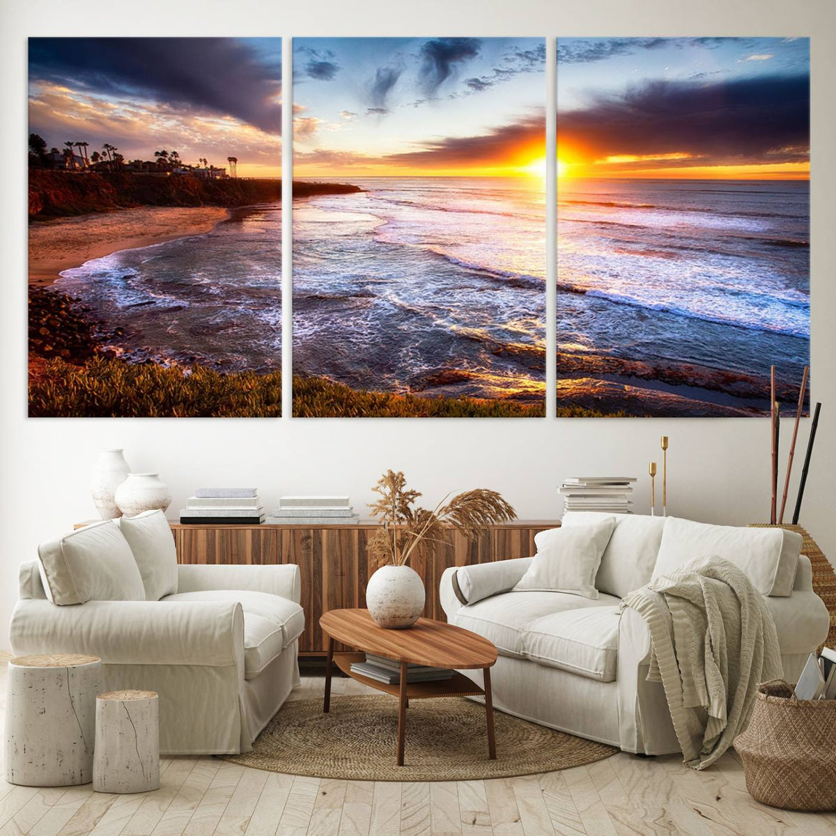 California Coastline Sunset Canvas Art for Beach House Decor